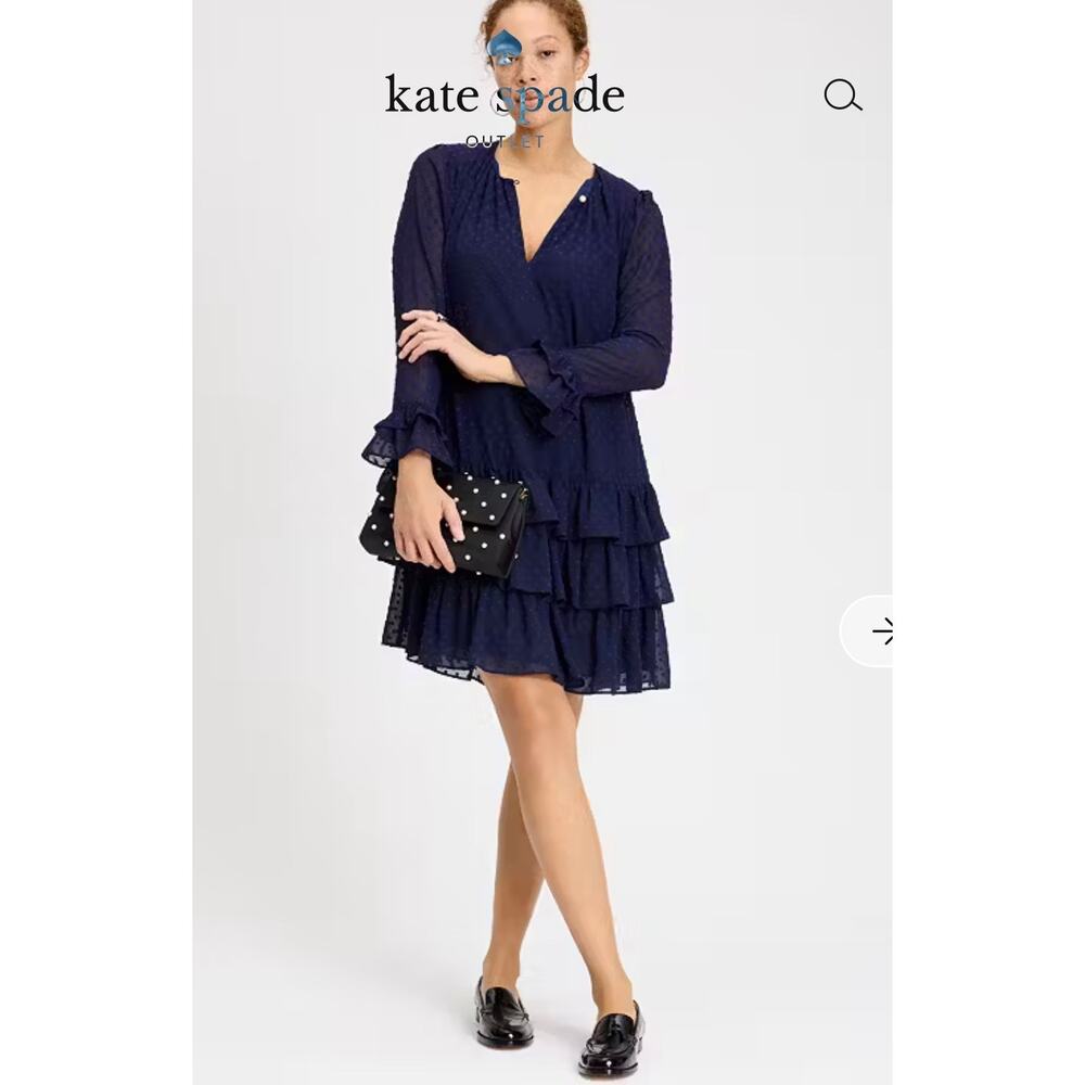 Kate Spade Breezy Dot Flounce Dress Navy Tiered Swiss Dot Ruffle Mini Small